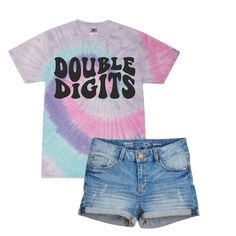 a tie dye shirt and denim shorts with the words double digits on it