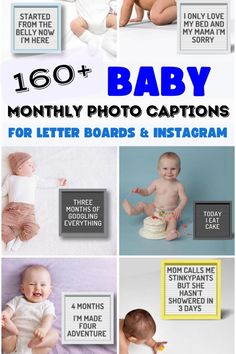 baby photoshopped with text that reads, 100 + baby photo captions for letter boards and instagrams