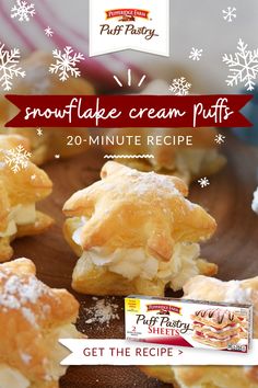 snowflake cream puffs are on a wooden plate with the words, 20 minute recipe