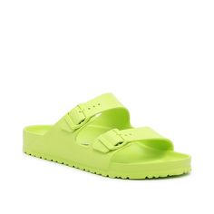 Birkenstock-Arizona Essentials EVA Slide Sandal - Men's Slip into easy, breezy style with the men's Arizona Essentials slide sandal from Birkenstock. This pair is constructed of a lightweight EVA material perfect for pool days or patio nights. Neon Sandals, Arizona Eva, Heeled Flip Flops, Green Sandals, Trending Sandals, Footbed Sandals, Trending Sneakers, Pool Days, Kids Sandals