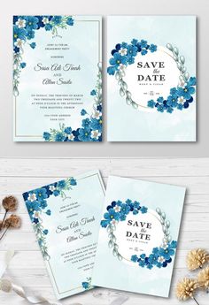 two wedding cards with blue flowers and greenery on them, one is in the shape of a wreath