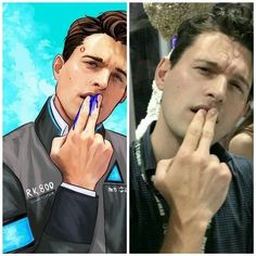 two pictures one with a man's finger on his nose and the other has an image of a person holding something up to their mouth