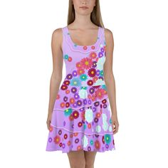 Dress to impress with this sleeveless skater dress! The soft fabric and flared skirt give it an elegant twist that brings out the intricate design with a beautiful vibrancy. * 82% polyester, 18% spandex * Fabric weight: 6.78 oz/yd² (230 g/m weight may vary by 5% * Smooth and elastic fabric * Mid-thigh length flared skirt * Elastic waistline * Overlock seams, coverstitch hemline Compare your measurements to the size chart. If you're a borderline size, please size down. Straight Stitch, Elastic Fabric, Feminine Look, Flared Skirt, Intricate Design, Spandex Fabric, Flare Skirt, Skater Dress, Dress Details