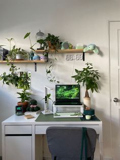 a white desk topped with a computer monitor and lots of plants