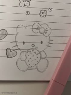 a drawing of a hello kitty holding a strawberry in front of flowers and hearts on lined paper