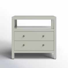 a white nightstand with two drawers on one side and an open drawer on the other