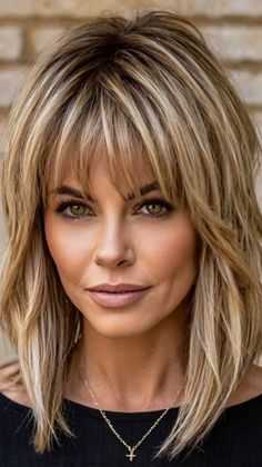 Long Choppy Bob With Bangs, Over 50 Hairstyles For Women Medium Length, Hairstyles For Short Necks, Blonde Hair Layers Medium, Voluminous Haircut Medium, Straight Hair Over 50, Medium Layered Bob With Bangs, Hair Layered With Bangs, Side Swept Bangs Medium Hair With Layers