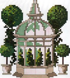 a cross - stitch pattern of a birdcage with trees and potted plants