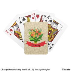 an image of a card deck with flowers on it and the name granny written in red