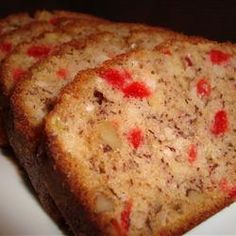 three slices of banana bread on a white plate