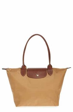 Longchamp Medium Le Pliage Nylon Shoulder Tote | Nordstrom Longchamp Medium, Canvas Leather Tote, Compact Storage, Painting Edges, Shoulder Tote, Canvas Leather, Leather Trims, Leather Tote, Burberry