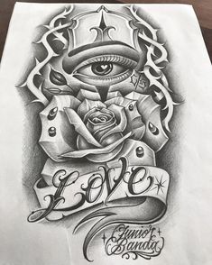 an eye and rose tattoo design on paper