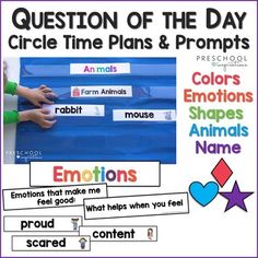 a poster with words and pictures on it that say, question of the day circle time plans & prompts