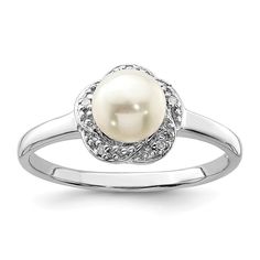 Sterling Silver Rhodium 6mm FW Cultured Button Pearl & Diamond Ring Pearl Diamond Ring, Cultured Pearl Ring, Fashion Rings Silver, Pearl And Diamond Ring, Gift Sets For Women, Sterling Silver Rings Bands, Blue Nile, Diamond Rings Bands, Silver Band Ring