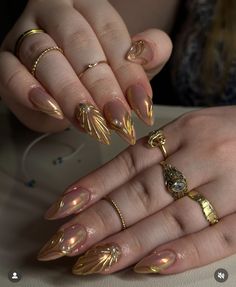 Gold Acrylics Almond, Metallic Gold Nails Almond, Almond Gold Nails, Gold Nails With Rhinestones, Gold 3d Nails, Long Almond Acrylic Nails Gold, Gold Goddess Nails, Gold Almond Nails, Gold Summer Nails