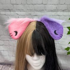 Pastel Goth Floppy Puppy Ear headband. Pink and Purple dog ears with moons and black hoop accessories. Mix Match Pink and Purple faux fur Floppy Puppy Ears on a metal headband. Black Moon's Airbrushed onto ears with Black Hoop Jewelry Earrings on ears.  My shop's ears and tails are completely hand crafted and might have some slight differences in trimming and airbrushing. PLEASE NOTE: CUSTOMIZATIONS TO ORDERS MUST BE MADE PRIOR TO PURCHASING! WE ARE NOT RESPONSIBLE FOR ANY CUSTOMIZATIONS AFTER P Novelty Cosplay Costume Accessories With Ears, Novelty Costume Accessories With Ears For Cosplay, Novelty Costume Accessories For Cosplay With Ears, Costume Accessories With Ears For Party And Cosplay, Halloween Costume Accessories Ears As Gift, Cute Cat Ears Costume Accessories, Novelty Bunny Ears For Cosplay, Adjustable Cat Ears Costume Accessories, Halloween Cat Ears Costume Accessories