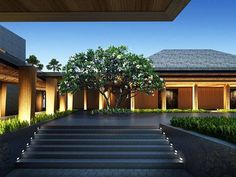 an exterior view of a building with steps leading up to it and a tree in the middle