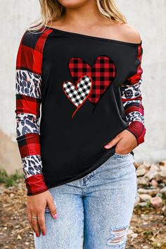 Black Valentines Heart Print Plaid Leopard Joint Sleeve Blouse Black Patchwork Top For Fall, Fitted Heart Print Top For Valentine's Day, Black Long Sleeve Patchwork Top, Long Sleeve Tops With Heart Print For Spring, Black Patchwork Blouse For Fall, Fitted Long Sleeve Tops For Valentine's Day, Trendy Black Blouse With Patchwork, Fitted Heart Print Tops For Fall, Trendy Long Sleeve Top With Heart Print