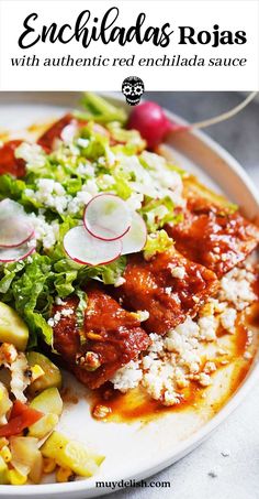 an enchiladas rojas with authentic red enchilada sauce on a white plate