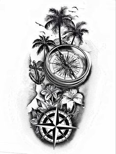 a black and white drawing of a compass with palm trees