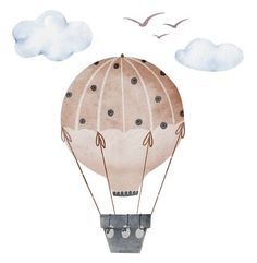 a watercolor drawing of a hot air balloon flying in the sky with two birds