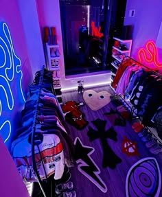 a room filled with clothes and neon lights