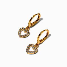 C LUXE by Claire's 18k Yellow Gold Plated Crystal Open Heart 10MM Huggie Hoop Earrings Trendy Small Hoop Jewelry For Valentine's Day, Adjustable Heart Charm Drop Earrings Jewelry, Valentine's Day Dangle Hoop Earrings, Trendy Huggie Jewelry For Valentine's Day, Piercing Kit, Gold Jewelry Earrings, Fashionable Jewelry, Open Heart, Earring Sale