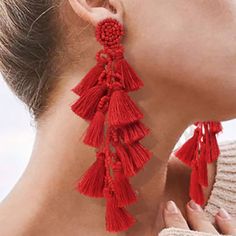 Long Red Tassel Earrings Tiers Of Playful Tassels And Beads Bring Active Movement To This Drop Earrings That Sure To Make A Chic Statement Wherever You Go. Material: Alloy Backings: Push-Back Length: Approx. 12cm, 4.72″ Imported Web Id: 0693 Black Crystal Earrings, Red Fringe, Prom Earrings, Fall Earrings, Beaded Drop Earrings, Pink Enamel, Earrings Women, Long Red, Threader Earrings