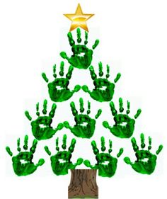 a christmas tree made out of green handprints with a gold star on top