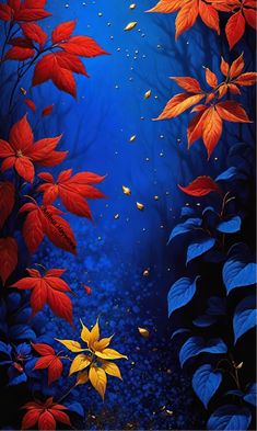 a painting of red and yellow flowers on a blue background, with water droplets falling off the leaves