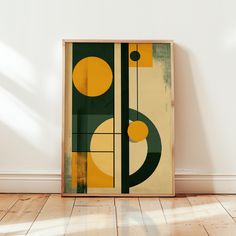 an abstract painting on the wall next to a wooden floor