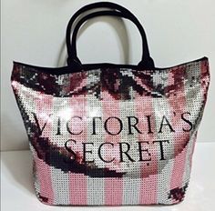 Victorias Secret Large Tote Bag - NEW! Pink & Siver Sequins. Condition is New with tags. Shipped with USPS. Black canvas inside, on bottom, reverse side, please see pictures. Gorgeous! Limited Edition large tote. Super glam! One of a kind, limited edition, Reg. $98 Makeup Bag Essentials, Victoria Secret Tote Bags, Weekender Tote Bag, Victoria Secrets, Pink Tote, Victoria Secret Bags, Chanel Deauville Tote Bag, Black Tote, Large Tote Bag