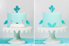 two pictures of a cake with blue icing and green leaves on top, one has a whale