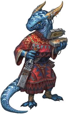 a blue dragon with horns and armor holding a piece of paper in its hand,