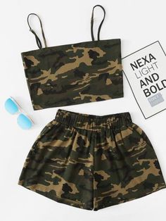 Camo Cami Top With Shorts Áo Blu, Top With Shorts, Cute Lazy Outfits, Lazy Outfits, Crop Top Outfits, Sporty Outfits