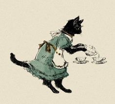 a black cat wearing a green dress and holding a tea cup