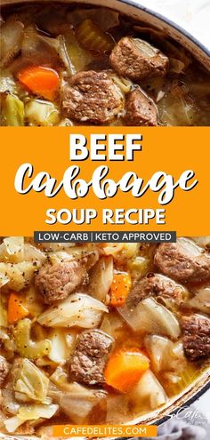 beef cabbage soup in a pot with carrots and celery