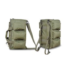 an army green backpack with multiple compartments on the front and back, attached to a shoulder strap