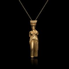 "Model : Caryatida - Caryatis Sculpture Pendant Collection: Antiquities BRASS metal / gold-plated Handmade Chain gold-plated  approx. 45cm length (IF you wish different length please add at NOTES section when ordering The design can also be constructed in sterling silver & gold 14K or 18K  (either platinum) ONLY upon request... Price will be advised.- For any questions/inquiries please do not hesitate to ask me   For all USA (and most of the Canada...) orders please note that we partnered with FedEx Couriers with FREE SHIPPING COSTS.. Estimated delivery time approx. 2-5 business days. ENJOY  P.S: Please note that international items may be subject to customs processing and additional charges HISTORY A caryatid (/kæriˈætɪd/ kair-ee-AT-id; Greek: Καρυάτις, plural: Καρυάτιδες) The Greek term Caryatids Sculpture, Art History Lessons, Handmade Chain, Greek Jewelry, Handmade Brass, Gold Snake, Gold Jewellery Design, Brass Metal, Ancient Greek