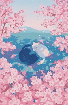 two cats are laying in the water surrounded by pink flowers and cherry blossom tree branches