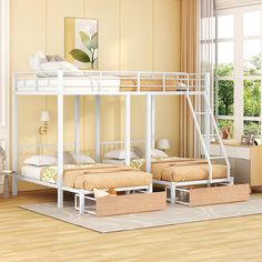 a bunk bed with two sets of twin beds underneath it in a room that has hardwood floors and yellow walls