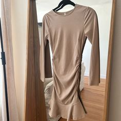 Never Worn High Neck Tan, Long, Sleeved, Ruched Dress, Amazon Beige Ruched Midi Dress For Fall, Beige Ruched Mini Dress For Brunch, Beige Ruched Mini Dress For Fall, Beige Fitted Knee-length Long Sleeve Dress, Beige A-line Ruched Dress, Casual Beige Ruched Mini Dress, Beige Stretch Ruched Mini Dress, Beige Long Sleeve Ruched Dress, Black Smock Dress