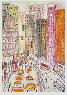 a drawing of a city street filled with traffic and tall buildings in the distance,