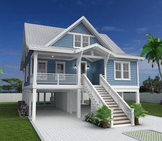 a blue and white house with stairs leading up to the second floor, surrounded by palm trees