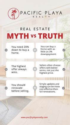 an advertisement for real estate with the words, myth vs truth in red and white