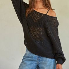 This Long Sleeve Round Neck Sweater Adds Some Coverage With The Knit Crochet Design And Is Sheer Enough To See A Cute Crop Top Or Cami Underneath. You Can Wear This Sweater On Or Off The Shoulder For A Fun And Versitile Look! Made By "By Together." New With Tags Attached. 65% Cotton 35% Acrylic Fall Sweaters Crochet, Holey Sweater Outfit, Black Long Sleeve Crochet Top, Off The Shoulder Crochet Sweater, Crochet Off The Shoulder Sweater, Goth Sweaters, Fall Thrift, Knit Crochet Sweater, 2024 Crochet