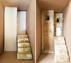 two pictures of the inside of a cardboard box with stairs leading up to an open door