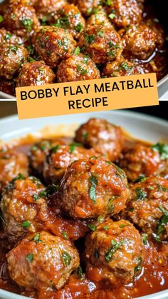 meatballs with sauce and herbs in a bowl