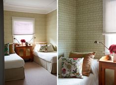 two pictures of a bedroom with floral wallpaper