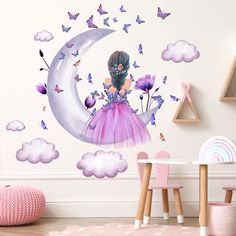 PRICES MAY VARY. Waterproof Material: The butterfly girl wall sticker is made of high quality vinyl, which is waterproof, removable and no damage to the surface. Size: There are 2 sheets, sheet size is W35.4” * H11.8”. Pictures are for reference only. Peel & Stick: The flowers moon wall decal is easy to install, just peel and stick, you will get a new wall, it can apply to any smooth, flat, clean, dry surface. Wide Uses: This flying butterflies wall stickers can be used in kids room, office, bed Princess Room Decor, Cloud Wall Decal, Girls Wall Stickers, Wall Sticker Design, Graphic Wall, Wall Stickers 3d, Wall Decor Decals, Butterfly Wall Stickers, Decoration Stickers